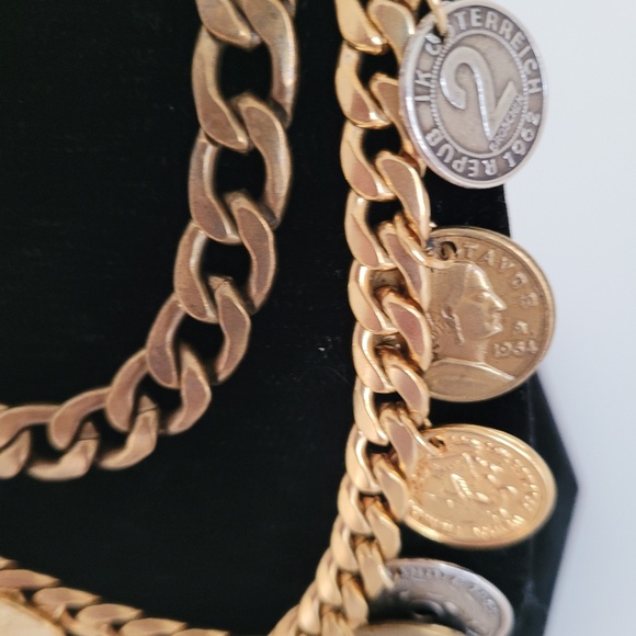 PETER LANG Vintage Statement Necklace Modernist Chunky Chain & Coin Charms . - Picture 3 of 5